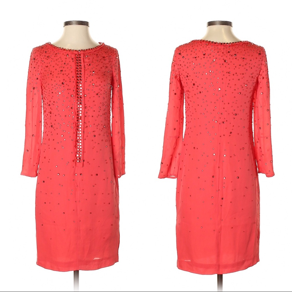 ESCADA Embellished Rhinestone Silk Long Sleeve Shift Dress in Coral Pink